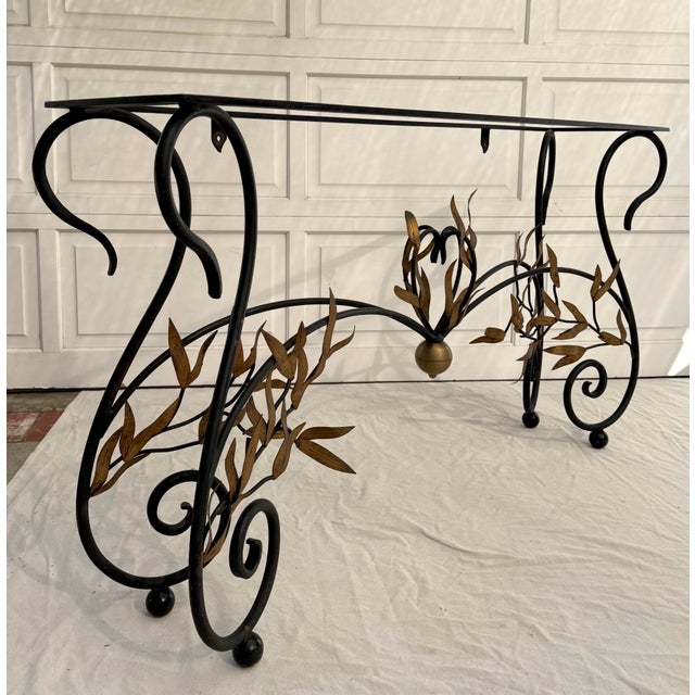Metal 1960s Italian Style Wrought Iron & Gilt Leaf Glass Console Table For Sale - Image 7 of 15