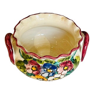 Vintage Made in Italy Sgrafitto Ruffled Floral Bowl Vase For Sale