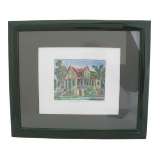 G Camille Small Seychelles Watercolor Painting Estache's House La Digue Island For Sale