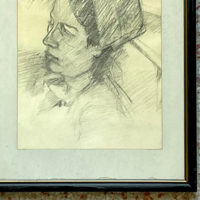 Figurative Mid 20th Century Vintage Pencil Sketch of Woman in Hat For Sale - Image 3 of 13