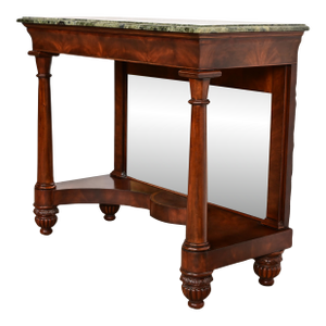 Maitland Smith French Empire of Louis XVI Carved Mahogany Faux Marble Top Console Table With Mirrored Back