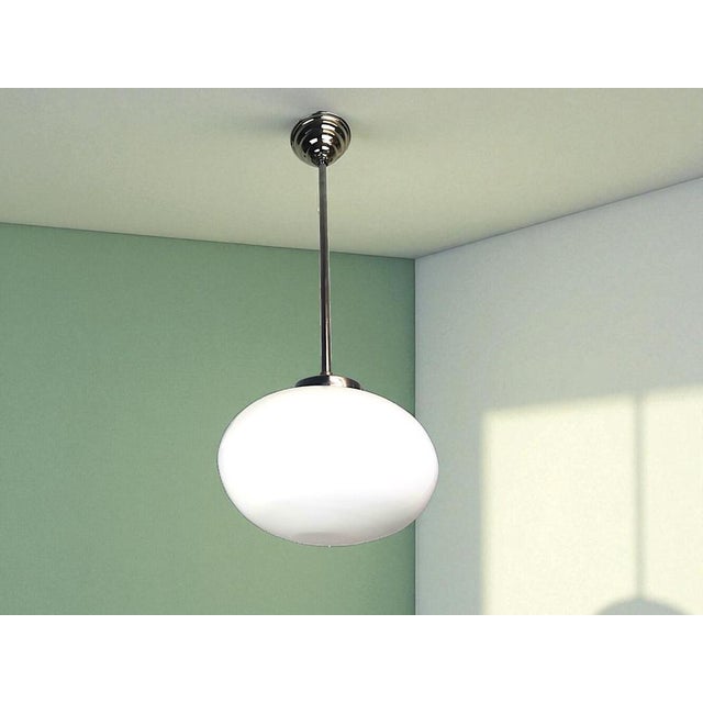 Mid-Century Modern Art Deco Portuguese Oval White Opaline Glass Hanging Lamp, 1950s For Sale - Image 3 of 9