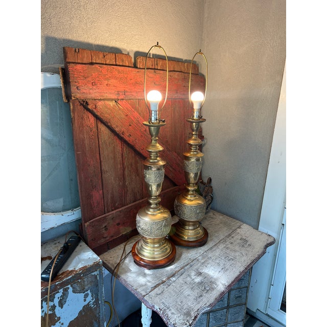 Vintage James Mont Style Brass Table Lamps With Wood Bases - Pair For Sale In Kansas City - Image 6 of 18