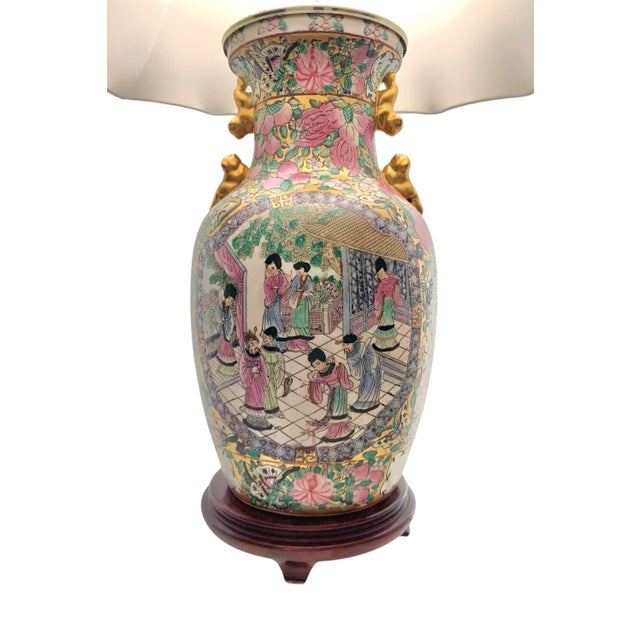 Rose Late 20th Century Porcelain Lamp Rose Medallion Design Vintage Asian Style With Silk Shade and Tassel For Sale - Image 8 of 9