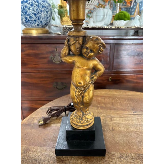 French Mid to Late Twentieth Century Gold Cherub Putti Buffet Column Lamps, a Pair For Sale - Image 3 of 6