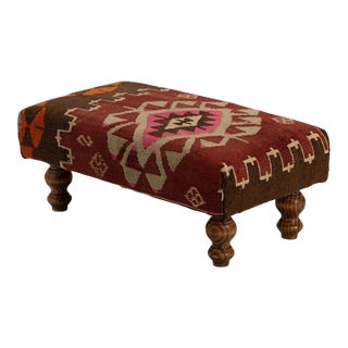 Mid-Century Kilim Ottoman With Oak & Hornbeam Frame For Sale