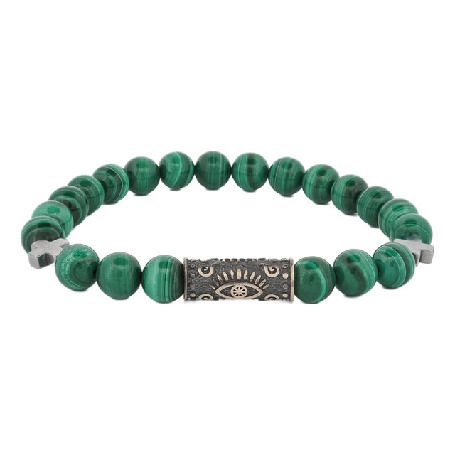 Green Malachite & Sterling Silver Unique Evil Eye Symbol Beaded Bracelet For Sale