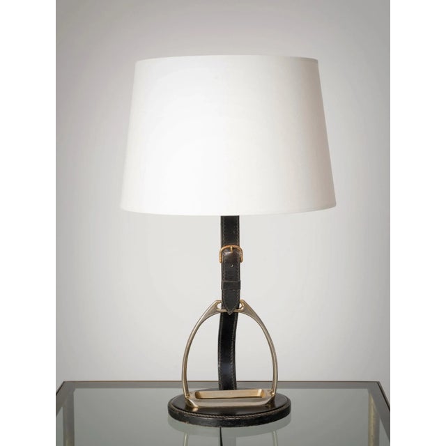 1960s 1960s Adnet Style Brass Horse Shoe & Black Stitched Leather Desk Lamp, France For Sale - Image 5 of 5