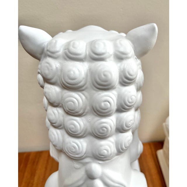 Chinoiserie 17” Tall Matt White Finish Ceramic Food Dog Pair For Sale - Image 9 of 10