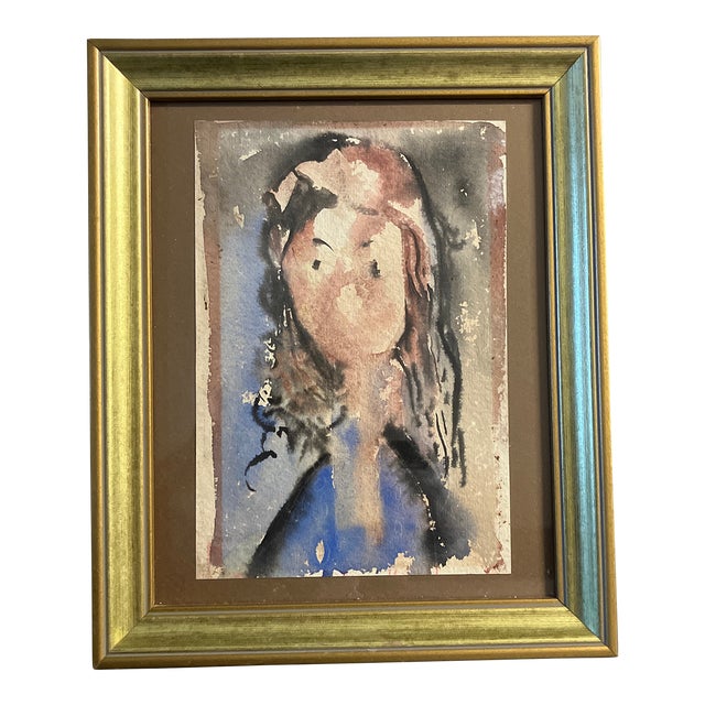 1950’s Original Abstract Female Portrait Watercolor Painting Framed For Sale
