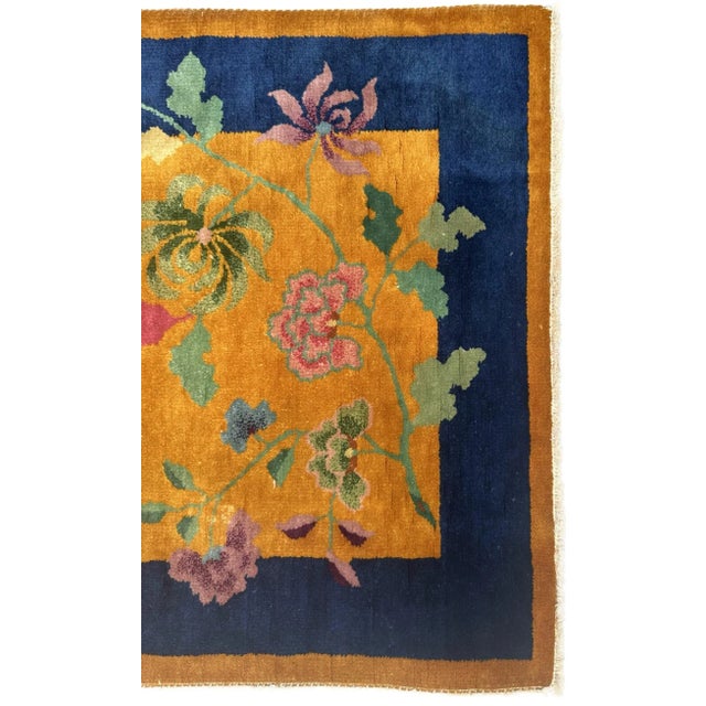 Art Deco 1920s Orange and Blue Floral Vintage Chinese Art Deco Wool Rug | 2'05" X 4'02" For Sale - Image 3 of 5
