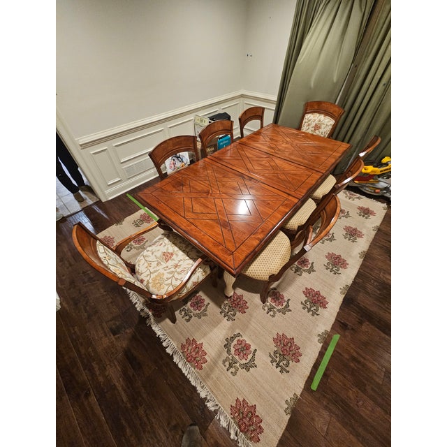 English Traditional Solid Wood Dining Table With Geometric Inlay Top and Carved Trestle Legs For Sale - Image 3 of 4
