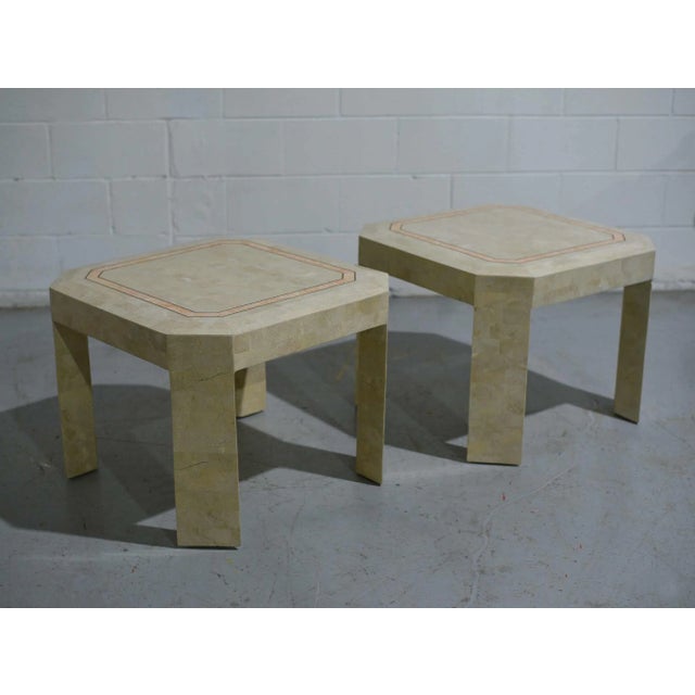 1980s Late 20th Century Tessellated Marble Side Tables With Gold Pink Inlay - a Pair For Sale - Image 5 of 12