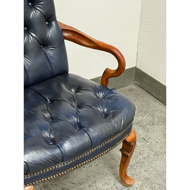 Queen Anne Style Tufted Blue Leather Armchair, Vintage For Sale In San Francisco - Image 6 of 14