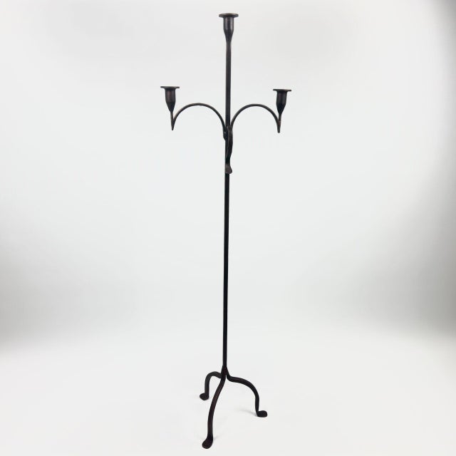 Metal Hand Forged Iron Floor Candelabra 50″ (126cm) Antique Copper Patina 3-Arm Slim Corner Design Rustic Decor For Sale - Image 7 of 8