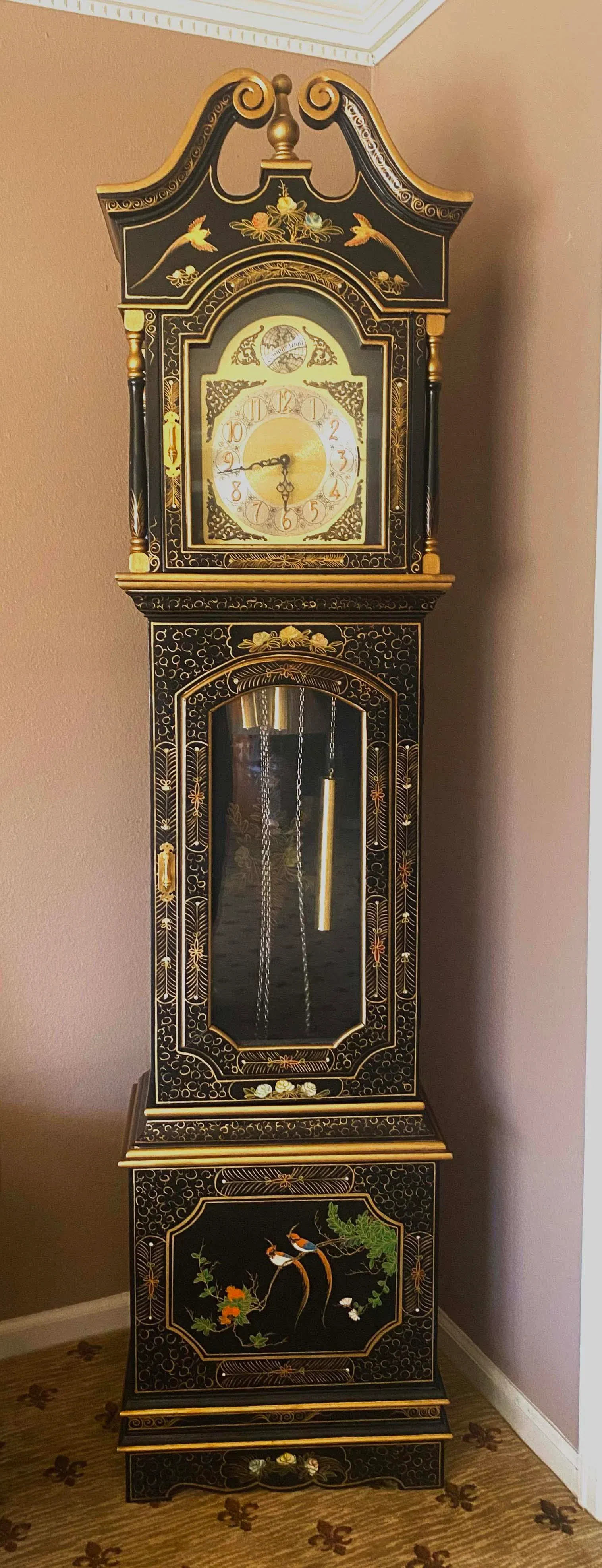 Vintage Black Lacquer Chinoiserie Grandfather Clock | Chairish