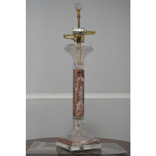 Traditional Pair of Tall Marble & Crystal Column Table Lamps For Sale - Image 3 of 12