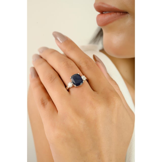 Three Stone Sapphire and Diamond Engagement Ring Size 6.5 For Sale In New York - Image 6 of 11