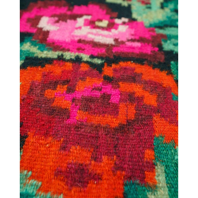 Rustic Vintage Romanian-Moldovan Handwoven Wool Flatweave Rug with Dark Floral Folk Pattern and Fringe, 1970s For Sale - Image 3 of 14