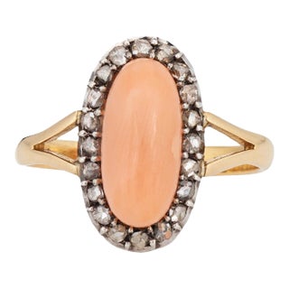 Antique Victorian Coral Diamond Ring Sz 5 Small Oval Cocktail Fine Jewellery For Sale