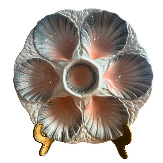 1930s Mid-Century French Oyster Plate with Pink and Grey Shell Relief from Sarreguemines, 1930s For Sale - Image 5 of 5