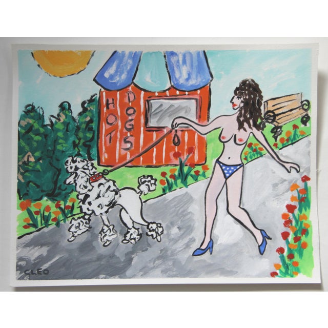 American Nuda and Poodle Dog Cityscape Pop Art Americana Surrealism Green Gray Beige Blue Original Painting by Cleo Plowden For Sale - Image 3 of 4