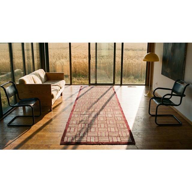 1930s Multicolor Checkerboard Folk Art Antique American Hooked Rug 3'2" X 10' 4" Carpet For Sale - Image 16 of 17