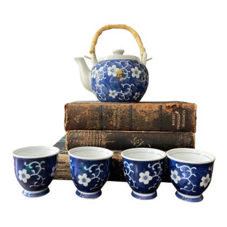 Blue and White Cherry Blossom Tea Pot and 4 Cups For Sale