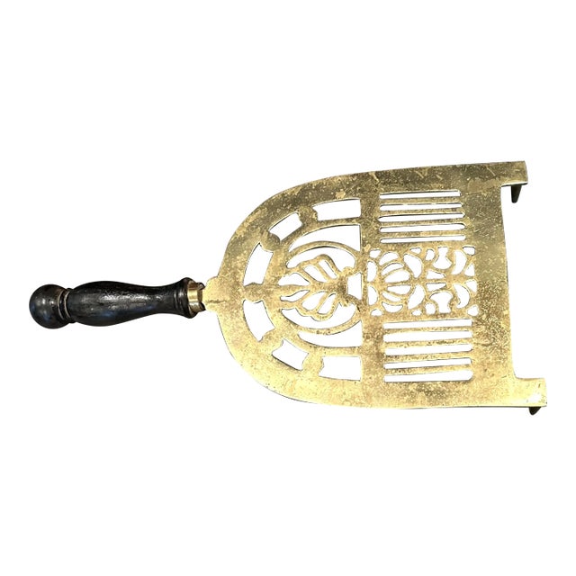 Early 19th century fireplace trivet, kettle warming stand, - solid brass and iron, - turned wood handle, - reticulated...