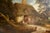 A very large English landscape oil painting in an exceptional carved and gilt wood frame, depicting a family gathered...