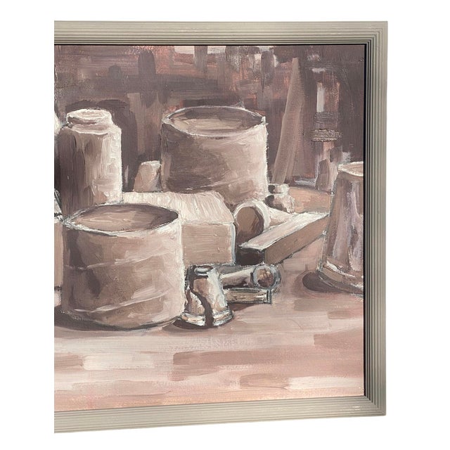 Mid Century Modern Style Framed Still Life Interior Study Monochromatic Oil on Board Painting For Sale - Image 4 of 12