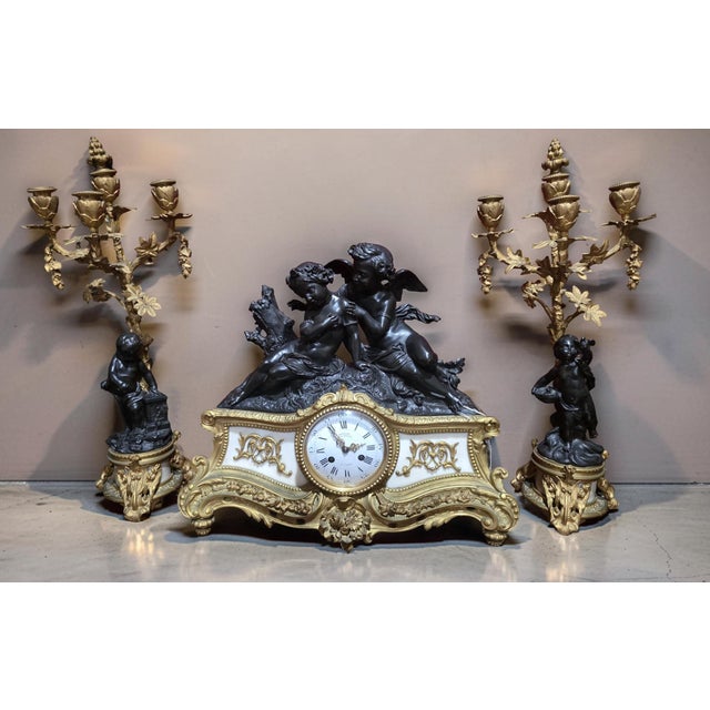 Antique French Denière Bronze & Marble Clock Garniture Set - Cherubs, 3-Piece, 19th Century For Sale - Image 13 of 18