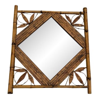 Vintage Bamboo & Rattan Leaf Motif Wall Mirror For Sale