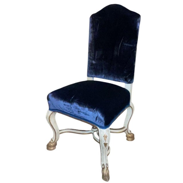Italian Set of Eight Italian Early 20th C. Gilded and Painted Chairs With Blue Velvet For Sale - Image 3 of 10