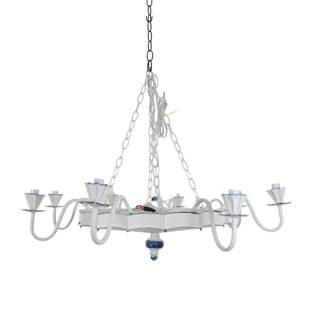 Vintage Blue and White Handmade Iron 8-Lamp Chandelier For Sale - Image 9 of 9