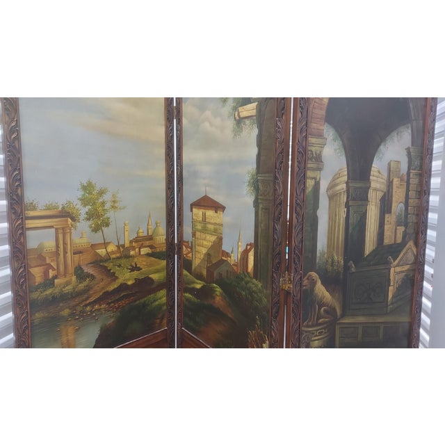 19th-Century Replica Three-Panel Folding Screen — Oil-Painted Italian Landscapes With Carved Walnut Frame & Marquetry Inlay For Sale - Image 10 of 10