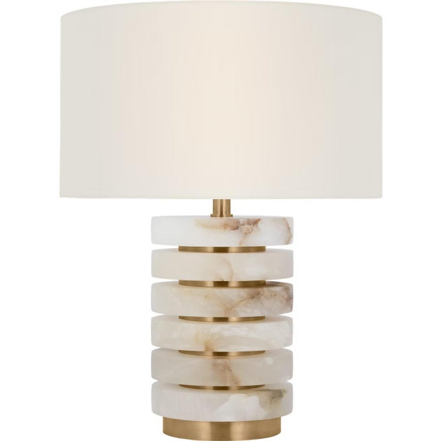 Modern Windsor Smith by Visual Comfort Signature Diski Medium Table Lamp in Alabaster and Hand-Rubbed Antique Brass with Linen Shade For Sale - Image 3 of 3