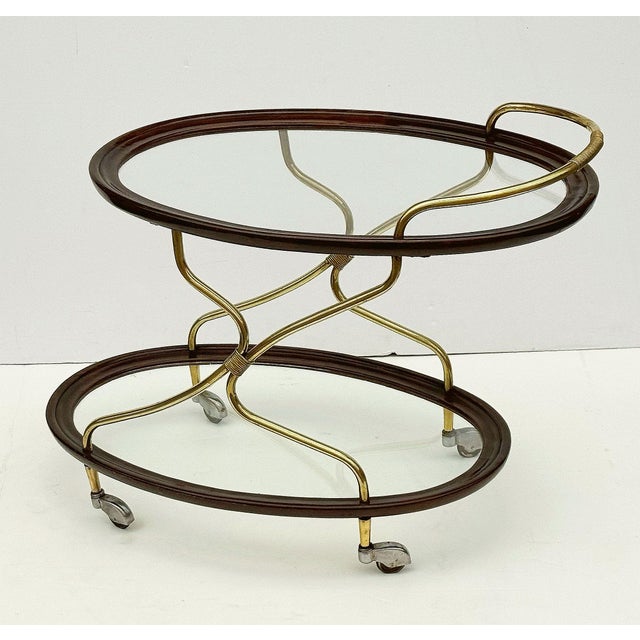 French Oval Drinks Cart of Mahogany and Brass and Glass on Rolling Casters For Sale In Austin - Image 6 of 12