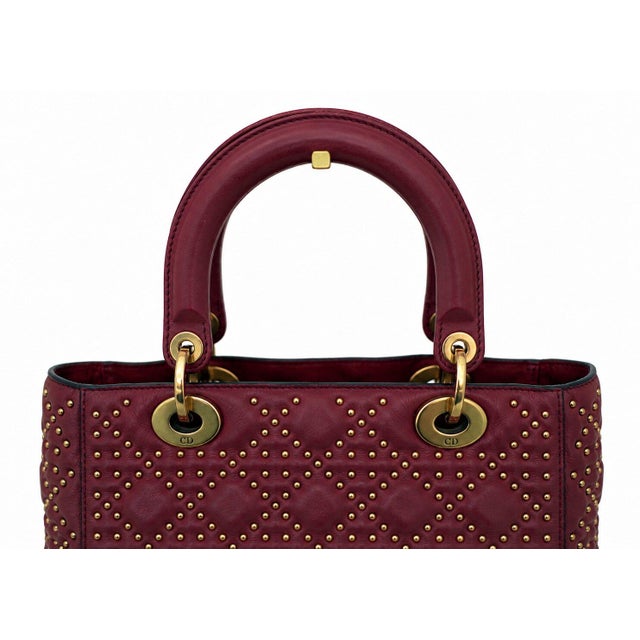 Metal Christian Dior Medium Lady Dior Cannage Studded Burgundy Leather Bag With Strap For Sale - Image 7 of 12