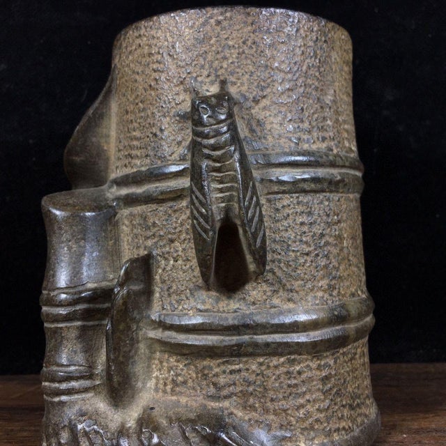 Light Gray Late 20th Century Chinese Bluestone Carved Bamboo-Joint Brush Pot For Sale - Image 8 of 9