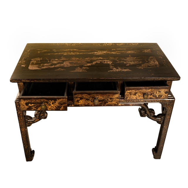 Gold Antique Chinese Qing Dynasty Export Gilt Black Lacquer Table 3 Drawer Desk 1850 For Sale - Image 8 of 11