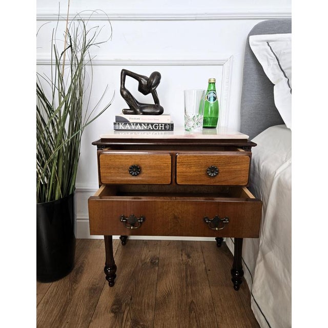 1950s Mid-Century Italian Art Deco Style Wood Bedside Tables with Marble Tops, 1950s, Set of 2 For Sale - Image 5 of 11