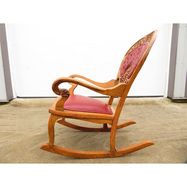 Antique Carved Oak Green Man Rocking Chair in Red Tufted Leather ~ Northwind Face For Sale - Image 14 of 17