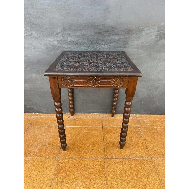 Spanish Barley Twist Side Table with Geometric Carved Top, 1930s For Sale - Image 9 of 11