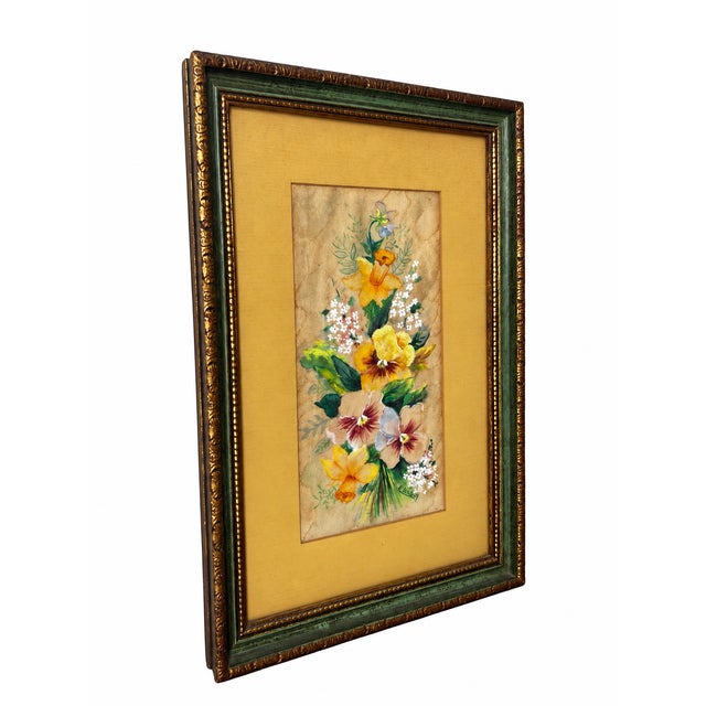 Late 20th Century Signed E. Barton Spring Floral Artwork With Pansies and Daffodils in Green and Gold Frame For Sale - Image 5 of 6