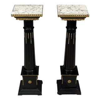 Hollywood Regency, Marble Top Pedestals, Ebonized Wood, Bronze, France, 1960s For Sale