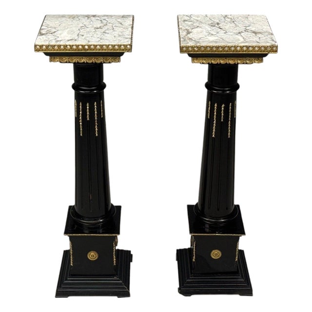 Hollywood Regency, Marble Top Pedestals, Ebonized Wood, Bronze, France, 1960s For Sale