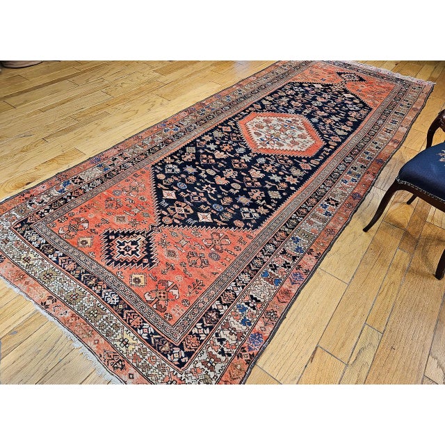 Antique Persian Malayer Tribal Gallery Rug, Hand-Knotted Wool, Geometric Pattern, 5x13, Terracotta & Navy For Sale - Image 11 of 18