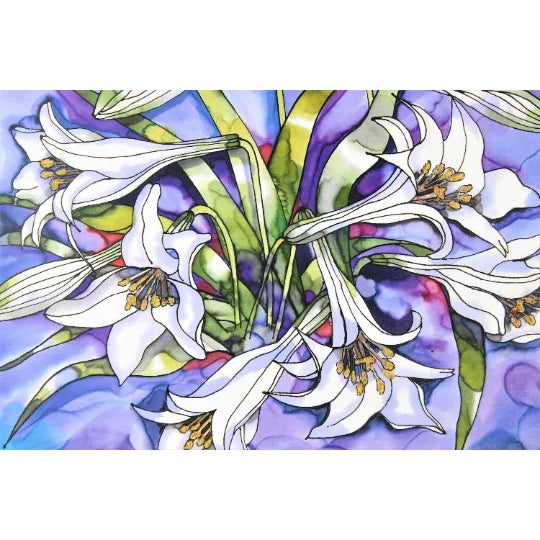 This beautiful vintage art print features a stunning display of lilies in shades of purple and green, expertly captured by...