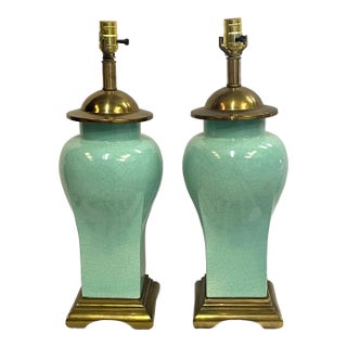 Pair of Mid Century Modern Asian Style Celadon Glaze Lamps For Sale